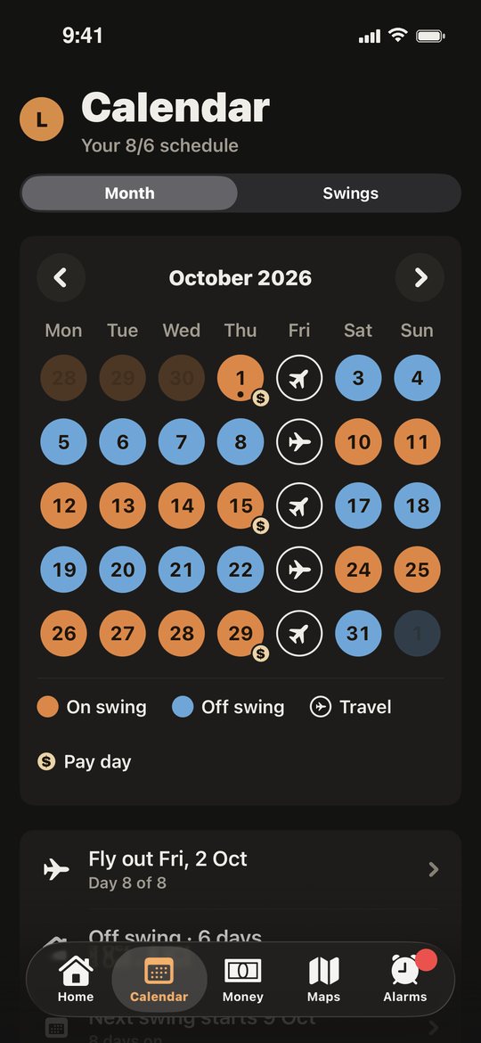 Calendar with on-swing days in orange, off-swing days in blue, travel days and pay days
