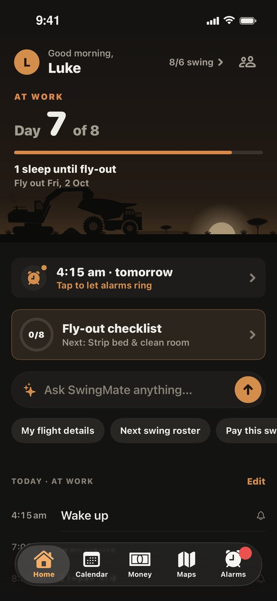 SwingMate home screen showing day 7 of 8, one sleep until fly-out, tomorrow's 4:15 am alarm and the fly-out checklist